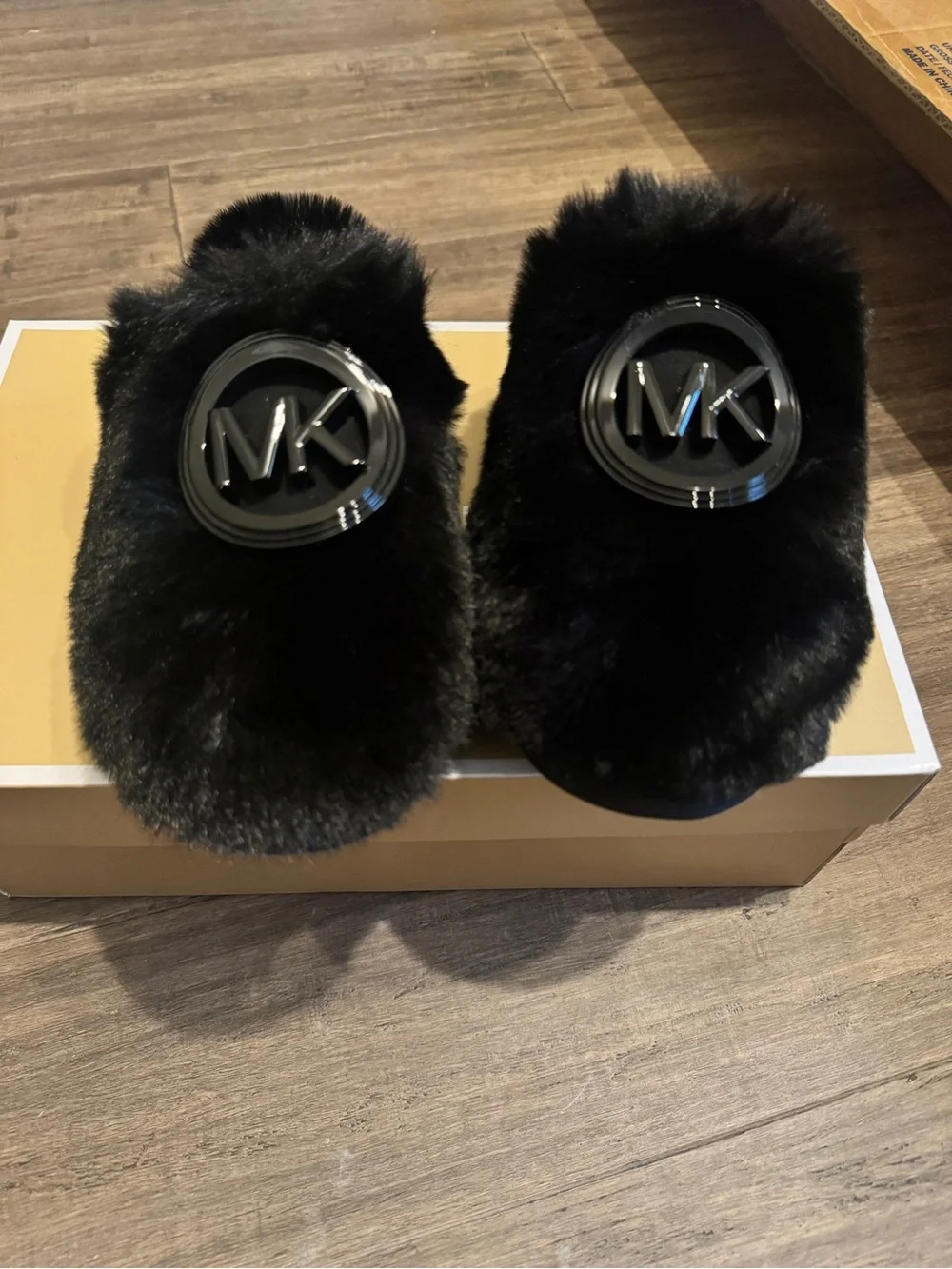 Michael Kors Black Faux-Fur Slip-On Slippers Ada Charm